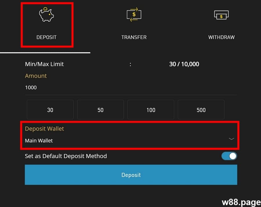 w88 wallet make deposits