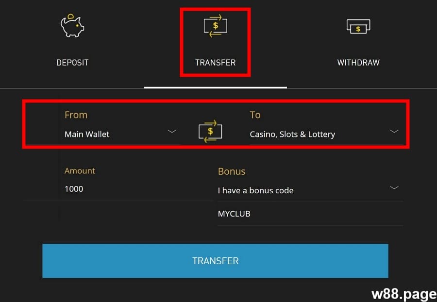 w88 wallet make fund transfers