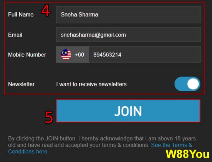enter fullname emails mobile number to create your w88 register account via registration form