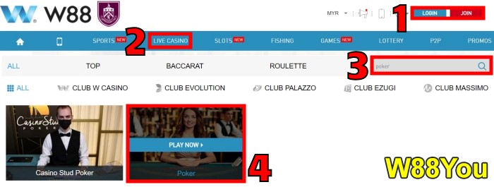 w88you w88 poker bet guide explained with tutorial and rules step 1