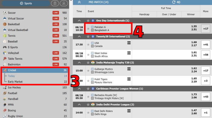 how to play online cricket betting at w88 step 2