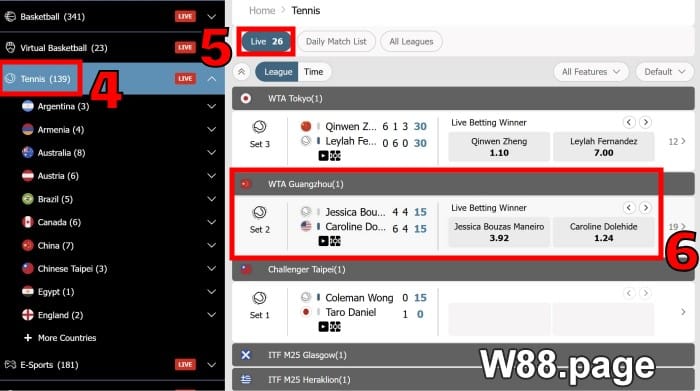 live tennis betting step 2 play at W88 sportsbook