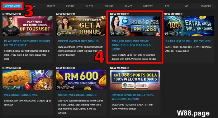 step 2 explore and select a w88 promotion offer