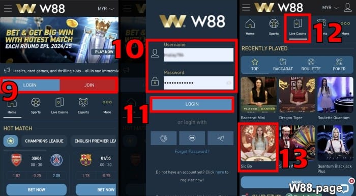 login at w88 sic bo game download and play sic bo