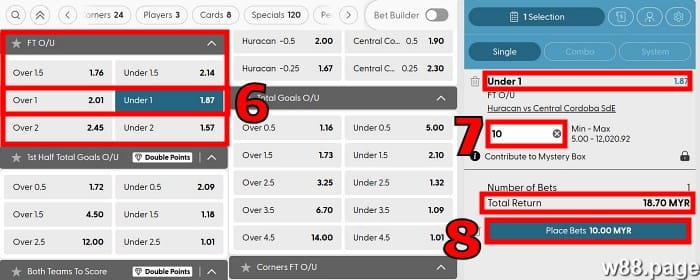 over under 1 step 3 place a wager