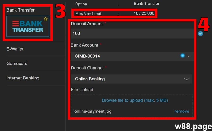 w88 deposit guide step 2 enter amount and select bank (1)
