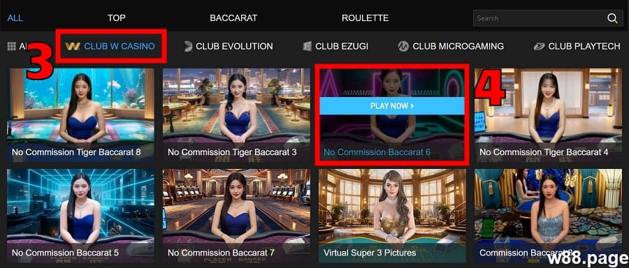 w88 live casino step 2 select a provider and game