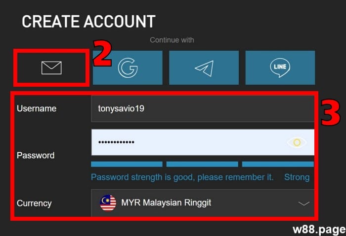 w88 register step 2 enter username and password