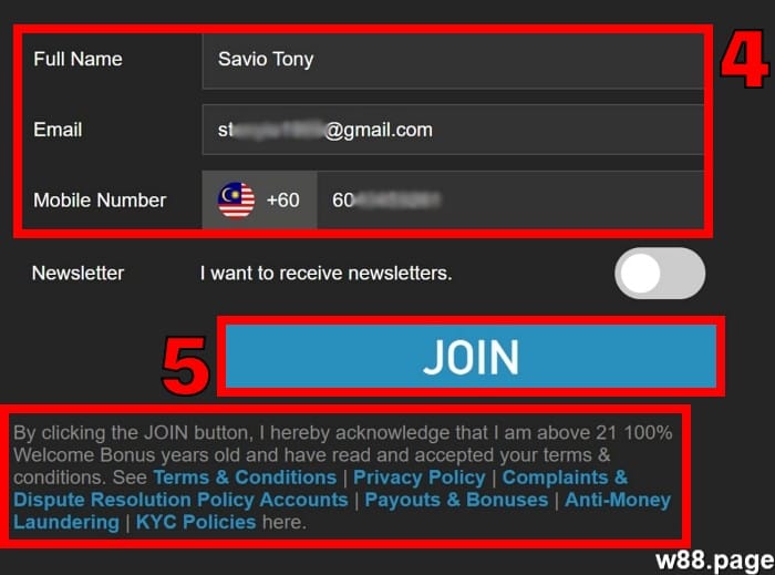 w88 register step 3 enter name and contact information