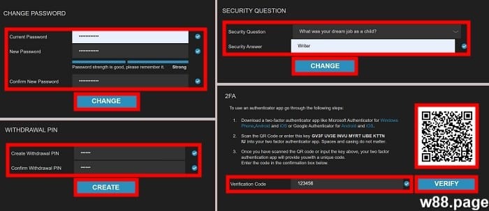 w88 free credit step 2 reset password and 2fa