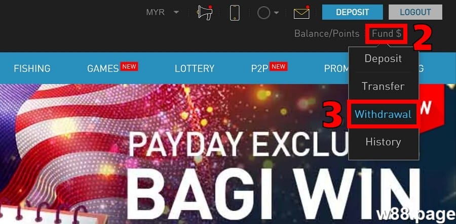 w88 withdrawal process step 1 visit funds cashier